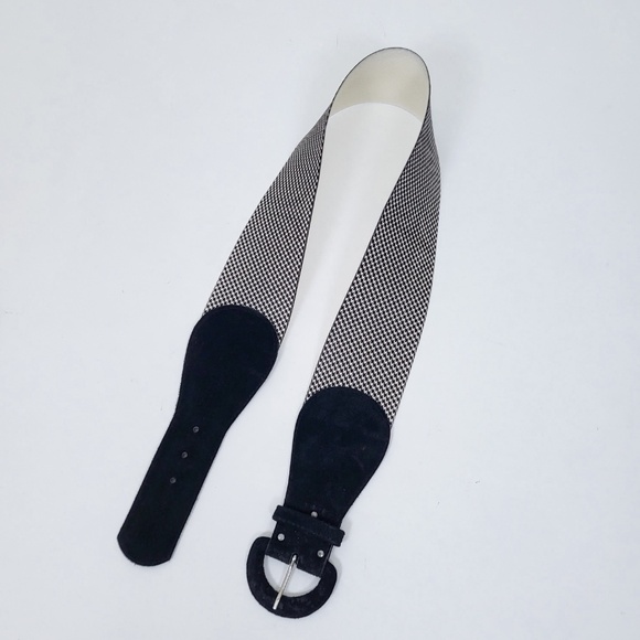 90s Houndstooth Belt Wide Buckle Thick Suede Black White - Picture 2 of 11